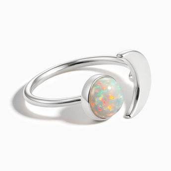 925 Sterling Silver Cabochon Opal Crescent Open Ring - Cosmic Path Front View