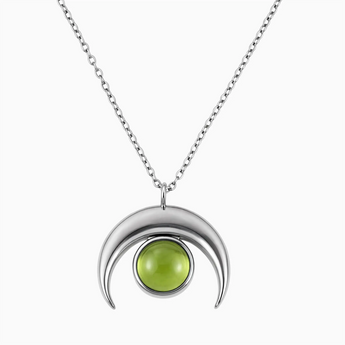 925 Sterling Silver Pear Cabochon Peridot Crescent Moon Necklace - Lunar Halo Front View