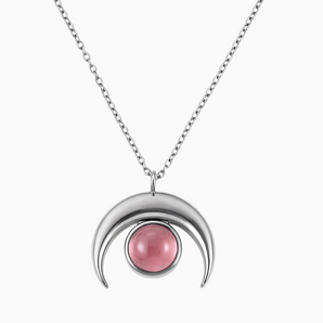 925 Sterling Silver Pear Cabochon Pink Tourmaline Crescent Moon Necklace - Lunar Halo Front View