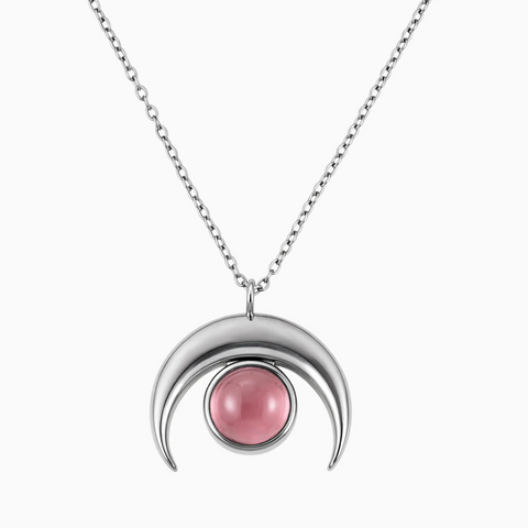 925 Sterling Silver Pear Cabochon Pink Tourmaline Crescent Moon Necklace - Lunar Halo Front View