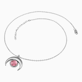 925 Sterling Silver Cabochon Pink Tourmaline Crescent Moon Necklace - Lunar Halo Side View