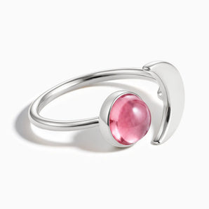 925 Sterling Silver Cabochon Pink Tourmaline Crescent Open Ring - Cosmic Path Front View