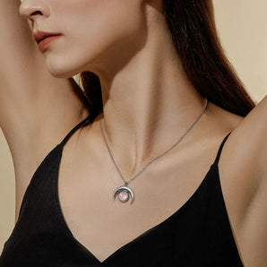 925 Sterling Silver Cabochon Rose Quartz Crescent Moon Necklace - Lunar Halo Worn View