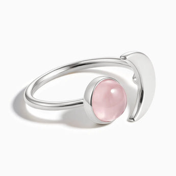 925 Sterling Silver Cabochon Rose Quartz Crescent Open Ring - Cosmic Path Front View