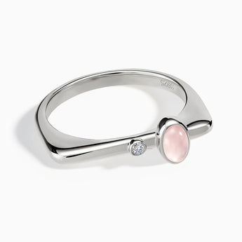 925 Sterling Silver Cabochon Rose Quartz Puzzle Stacking Ring - Minimal Bubble Front View