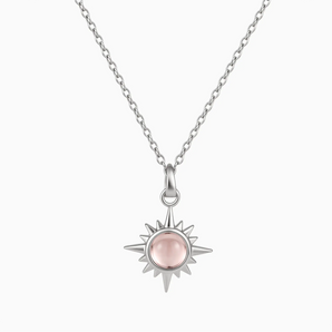 925 Sterling Silver Cabochon Rose Quartz Radiant Necklace - Sunburst Front View