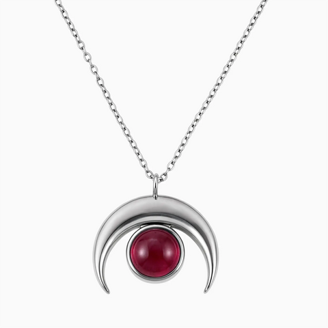 925 Sterling Silver Pear Cabochon Ruby Crescent Moon Necklace - Lunar Halo Front View