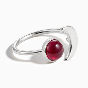 925 Sterling Silver Cabochon Ruby Crescent Open Ring - Cosmic Path Front View