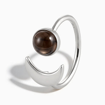 925 Sterling Silver Cabochon Smoky Quartz Crescent Open Ring - Cosmic Path Side View
