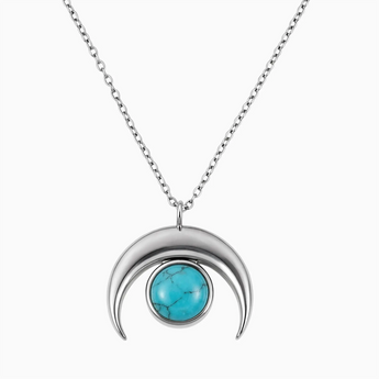 925 Sterling Silver Pear Cabochon Turquoise Crescent Moon Necklace - Lunar Halo Front View