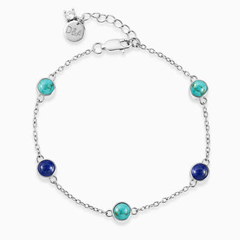 925 Sterling Silver Cabochon Turquoise & Lapis Lazuli Bracelet - Constellation Front View