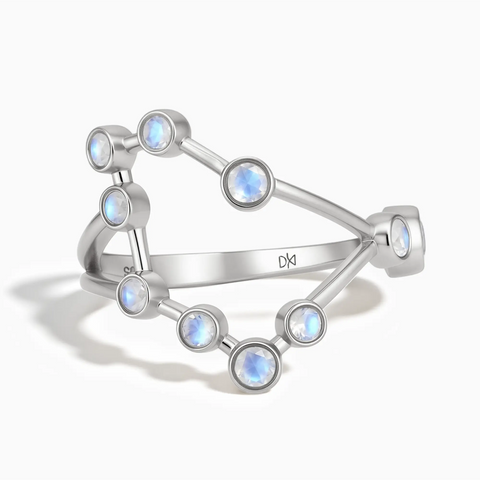 925 Sterling Silver Capricorn Zodiac Constellation Ring - Moonstone Front View