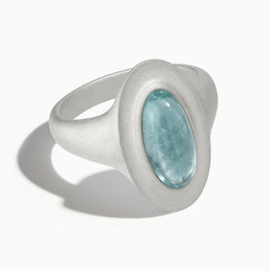 925 Sterling Silver Chunky Oval Aquamarine Sandblasted Ring - The Zenith Front View