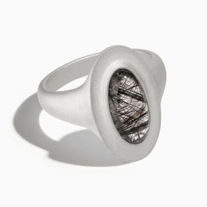 925 Sterling Silver Chunky Oval Black Rutilated Quartz Sandblasted Ring - The Zenith Front View