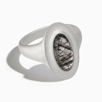 925 Sterling Silver Chunky Oval Black Rutilated Quartz Sandblasted Ring - The Zenith Front View