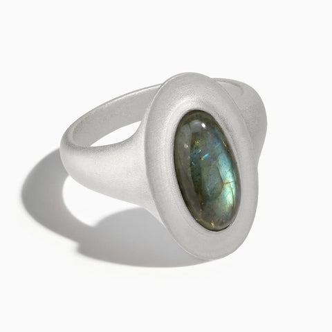925 Sterling Silver Chunky Oval Labradorite Sandblasted Ring - The Zenith Front View