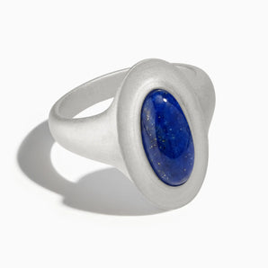 925 Sterling Silver Chunky Oval Lapis Lazuli Sandblasted Ring - The Zenith Front View
