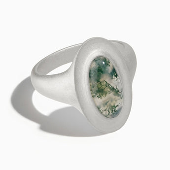 925 Sterling Silver Chunky Oval Moss Agate Sandblasted Ring - The Zenith Front View