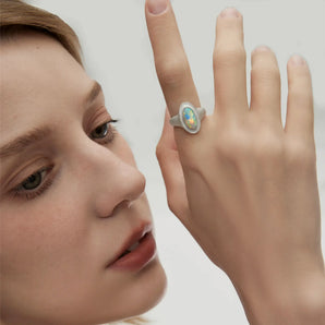 925 Sterling Silver Chunky Oval Opal Sandblasted Ring - The Zenith Worn View