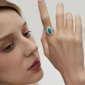925 Sterling Silver Chunky Oval Turquoise Sandblasted Ring - The Zenith Worn View