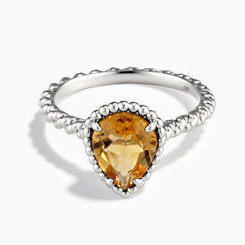 925 Sterling Silver Citrine Pear Ring - Still Light Front View