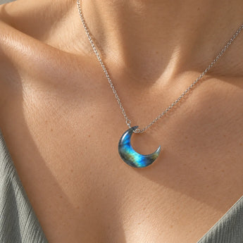925 Sterling Silver Crescent Labradorite Pendant Necklace - Nightfall Model Shot Close Up