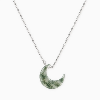 925 Sterling Silver Crescent Moss Agate Pendant Necklace Nightfall Silver Tone Front View