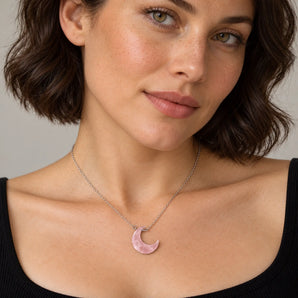 925 Sterling Silver Crescent Rose Quartz Pendant Necklace Nightfall Model Shot