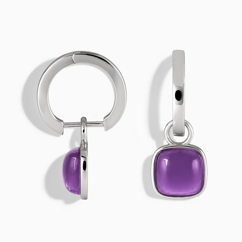 925 Sterling Silver Cushion Amethyst Bezel Hoop Earrings - Quiet Sway Front View