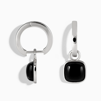 925 Sterling Silver Cushion Black Onyx Bezel Hoop Earrings - Quiet Sway Front View