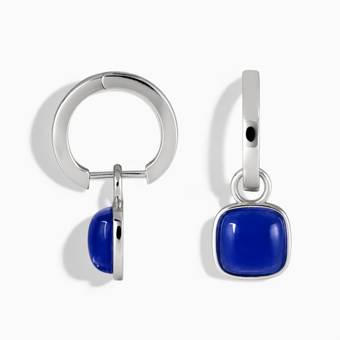 925 Sterling Silver Cushion Blue Sapphire Bezel Hoop Earrings - Quiet Sway Front View