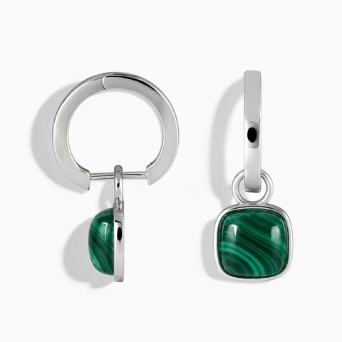 925 Sterling Silver Cushion Malachite Bezel Hoop Earrings - Quiet Sway Front View