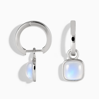 925 Sterling Silver Cushion Moonstone Bezel Hoop Earrings - Quiet Sway Front View