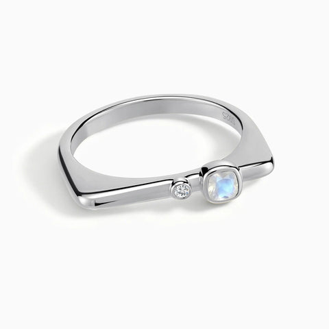 925 Sterling Silver Cushion Moonstone Puzzle Stacking Ring - Minimal Serenity Front View