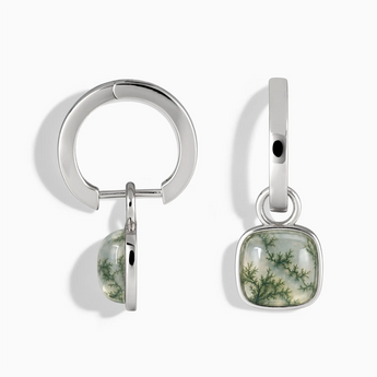 925 Sterling Silver Cushion Moss Agate Bezel Hoop Earrings - Quiet Sway Front View