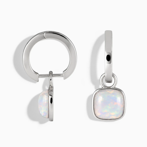 925 Sterling Silver Cushion Opal Bezel Hoop Earrings - Quiet Sway Front View