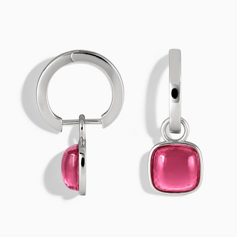 925 Sterling Silver Cushion Pink Tourmaline Bezel Hoop Earrings - Quiet Sway Front View