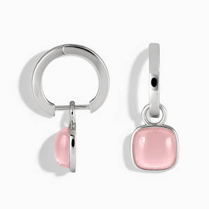 925 Sterling Silver Cushion Rose Quartz Bezel Hoop Earrings - Quiet Sway Front View