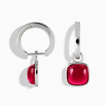 925 Sterling Silver Cushion Ruby Bezel Hoop Earrings - Quiet Sway Front View