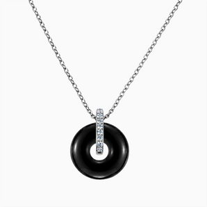 925 Sterling Silver Donut Black Onyx Pave Bar Necklace - Origin Loop Front View