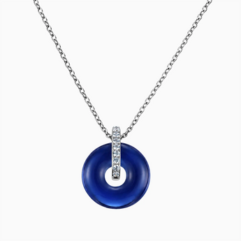 925 Sterling Silver Donut Blue Sapphire Pave Bar Necklace - Origin Loop Front View