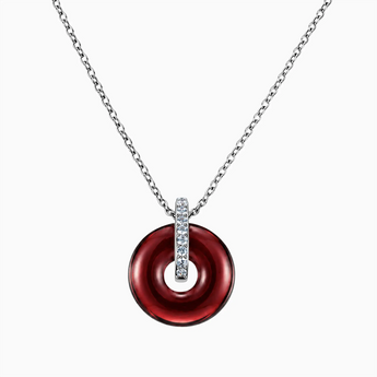 925 Sterling Silver Donut Garnet Pave Bar Necklace - Origin Loop Front View