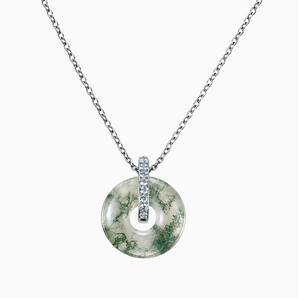 925 Sterling Silver Donut Moss Agate Pave Bar Necklace - Origin Loop Front View