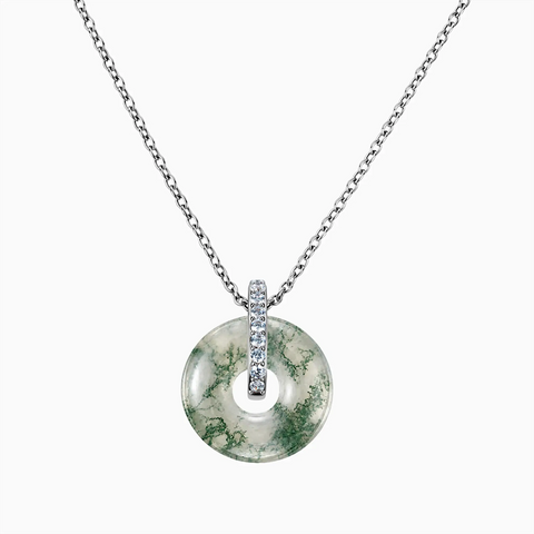 925 Sterling Silver Donut Moss Agate Pave Bar Necklace - Origin Loop Front View