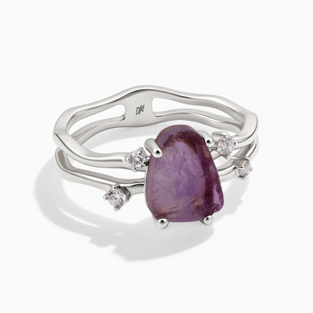 925 Sterling Silver Double Band Raw Amethyst Ring - Interweave Front View