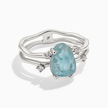 925 Sterling Silver Double Band Raw Aquamarine Ring - Interweave Front View