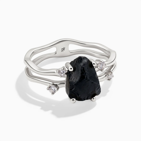 925 Sterling Silver Double Band Raw Black Onyx Ring - Interweave Front View