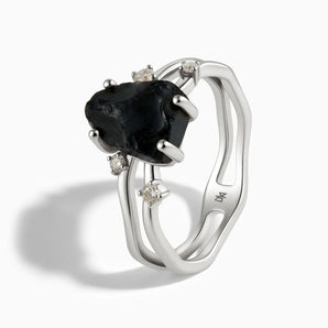 925 Sterling Silver Double Band Raw Black Onyx Ring - Interweave Side View