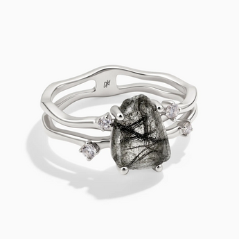 925 Sterling Silver Double Band Raw Black Rutilated Quartz Ring - Interweave Front View