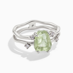 925 Sterling Silver Double Band Raw Green Amethyst Ring - Interweave Front View